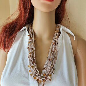 Multi Strand Hand Crochet Amber color Glass Bead Minimalist Necklace